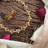 Premium AD Stone Lotus Short Neckpiece-Red White-G9889